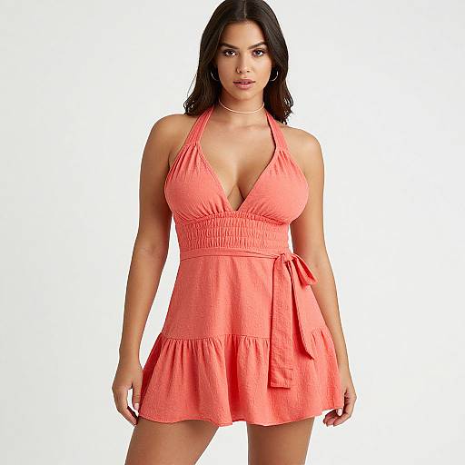 Photograph of a curvy woman with long black hair, wearing a coral halter-neck dress with a deep V-neck and flared skirt, standing