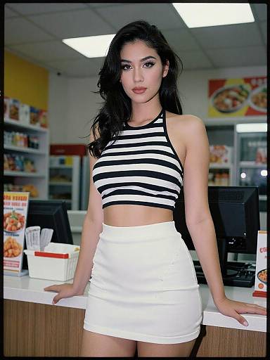 Photograph of a young woman with long black hair, wearing a black and white striped halter top and white mini skirt, leaning against a fast-food