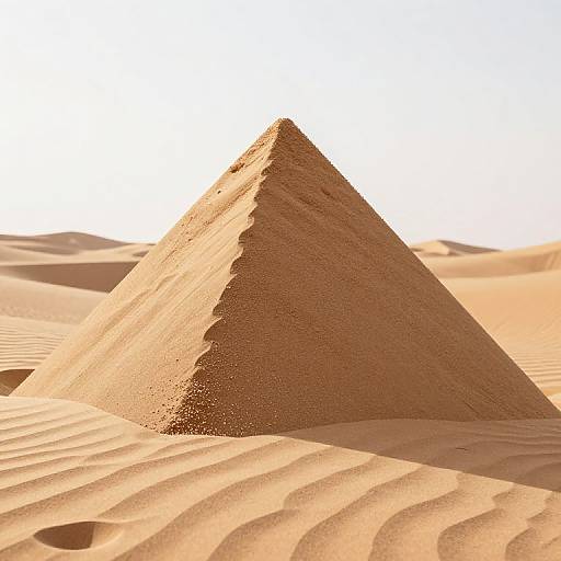 Photograph of a sunlit, pyramid-shaped sand dune in a vast, undulating desert with rippled sand textures. Bright, clear sky in