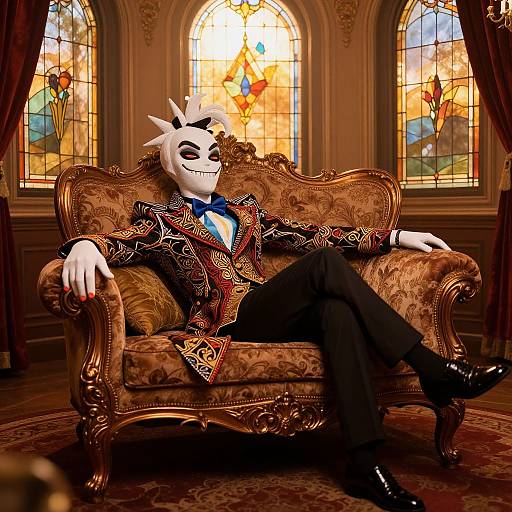 CGI image of a smiling anthropomorphic white mask with horns, wearing an ornate black and red suit, reclining on a vintage brown sofa in