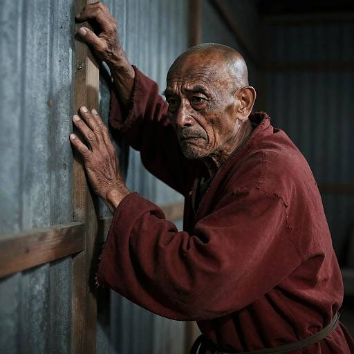 Elderly Man Struggling in Industrial Setting