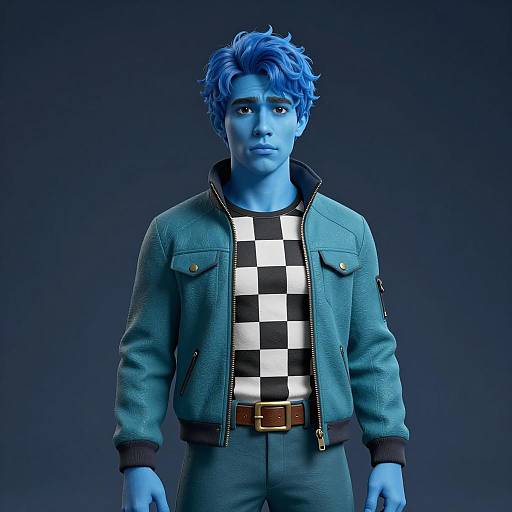 Portrait of a Young Blue-Skinned Man in Teal Jacket