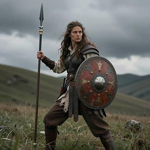 Fierce Woman Warrior with Spear and Shield