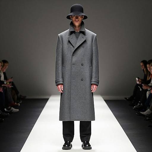 Photograph of a male model in a gray double-breasted coat and black hat, standing on a white runway with blurred audience on either side.