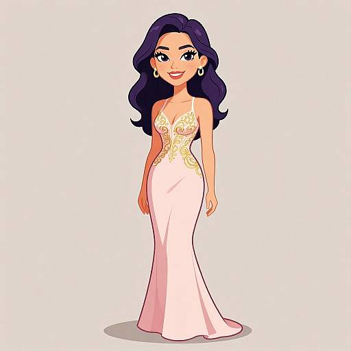 Digital cartoon of a smiling woman with long purple hair, wearing a pink, form-fitting, lace-embellished evening gown and gold earrings.
