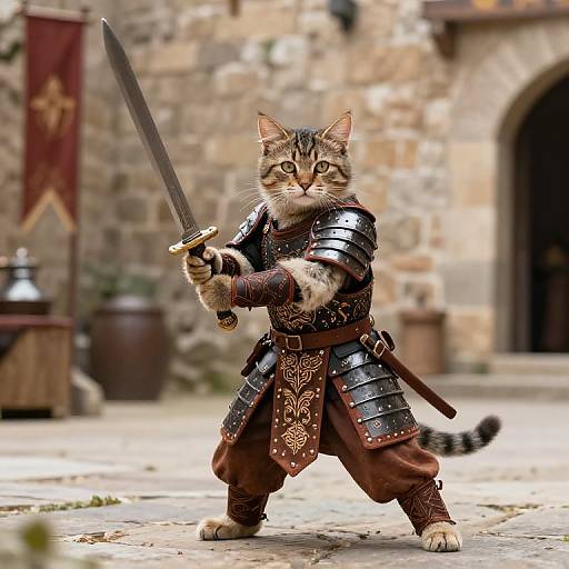 Young Cat Knight Training in Courtyard
