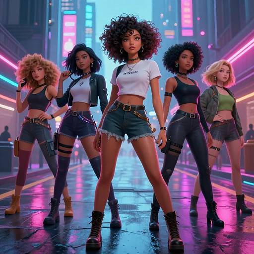 Digital artwork of five diverse women with curly hair in neon-lit, futuristic city street. They wear crop tops, denim shorts, and boots, standing
