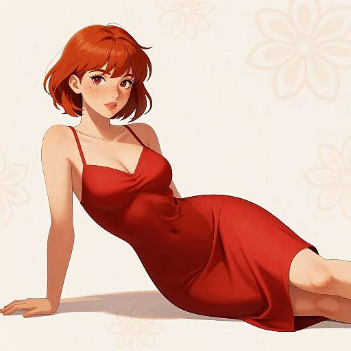 Digital anime-style drawing of a red-haired woman in a red, spaghetti-strap dress, reclining on her side against a white background.