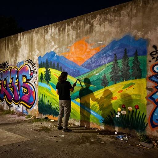 Photograph of two silhouetted men painting vibrant graffiti on a concrete wall at night, featuring colorful mountains, trees, and flowers.