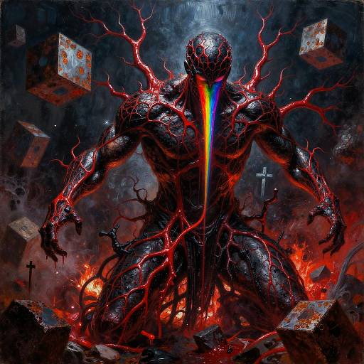 Digital painting of a muscular, black, glowing, alien-like creature with red veins, rainbow tongue, and floating tombstones in a fiery, dark background