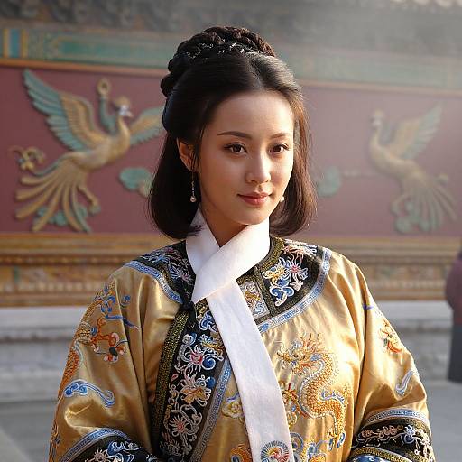 Photograph of an Asian woman with fair skin, black hair in a bun, wearing an ornate gold and blue embroidered traditional Chinese robe, standing in