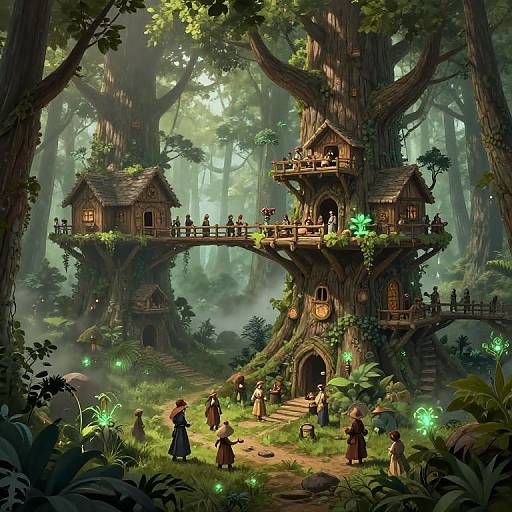 Whimsical forest scene: fairy-tale treehouses with glowing mushrooms, illuminated by green fireflies, surrounded by villagers in Victorian attire, under towering
