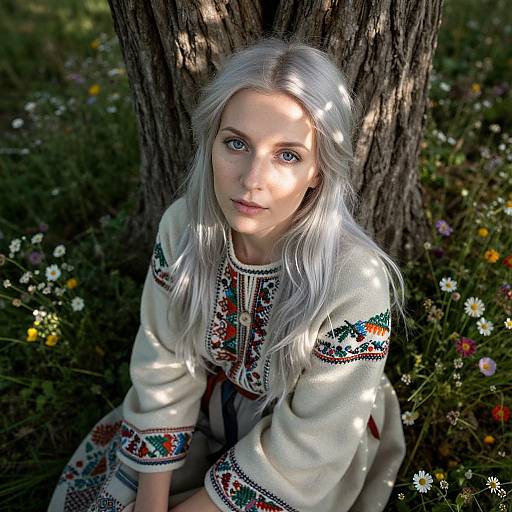 Photograph of a young woman with silver hair, blue eyes, wearing a white embroidered blouse, kneeling beside a tree in a sunlit meadow with