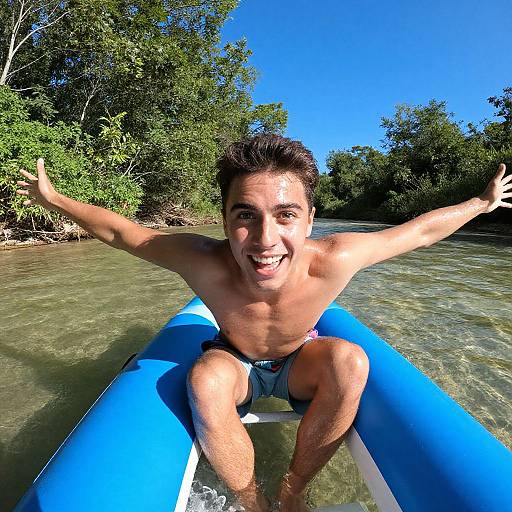Photograph of a smiling, shirtless young boy with short dark hair, wearing blue and white swim trunks, arms outstretched, sitting in