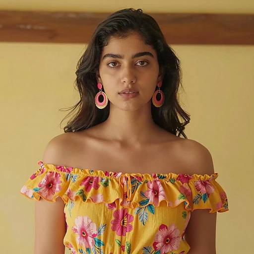 Young Woman in Floral Off-Shoulder Dress