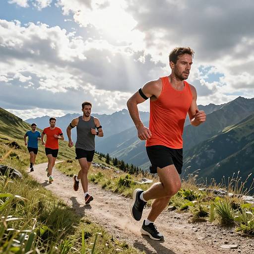 Photograph of four male runners in bright orange and gray tank tops, black shorts, and athletic shoes, running on a mountain trail with green grass and