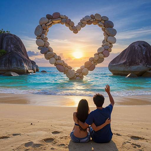 Photograph of a couple sitting on a sandy beach at sunset, facing a heart-shaped stone formation between large rocks and the ocean. The sky is vibrant