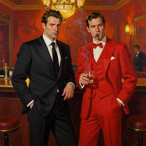 Photograph of two men in suits: one black, one red, both smoking cigars, standing in a dimly lit, ornate bar.