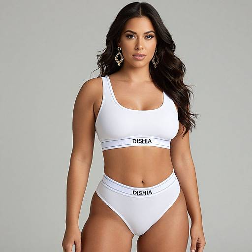 Photograph of a confident, dark-haired woman with medium skin tone, wearing a white 