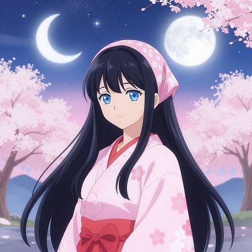 Anime-style drawing of a blue-eyed girl with long black hair, wearing a white kimono and pink headscarf, under a moonlit night sky
