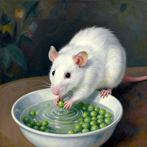 Digital painting of a white rat with pink ears and nose, standing in a white bowl filled with green peas, ripples in water, dark abstract background