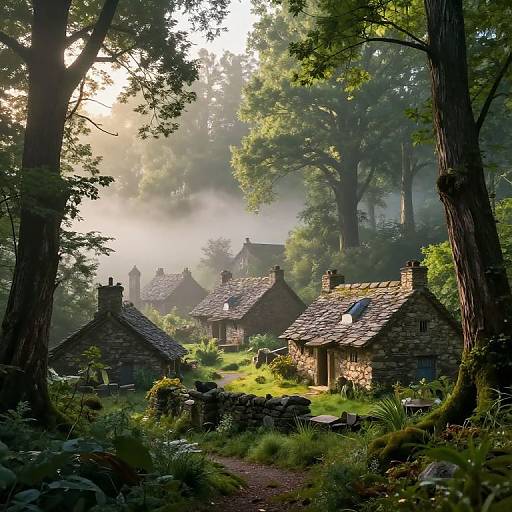 Photorealistic digital painting of a misty, sunlit forest village with stone cottages, moss-covered roofs, lush greenery, and tall trees
