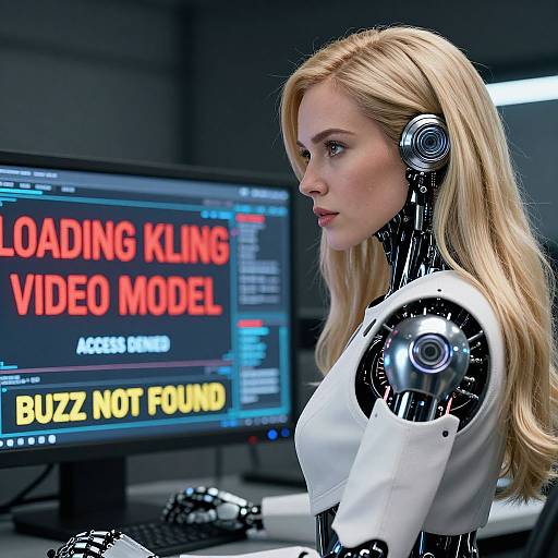 Photorealistic CGI of a blonde, cybernetic woman with robotic arms, wearing a white top, standing in front of a computer screen displaying 