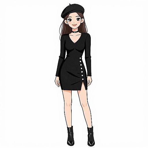 Digital anime-style drawing of a slender woman with long brown hair, wearing a black beret, long-sleeve dress with buttons, and black ankle