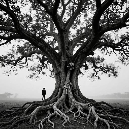 Solitary Figure Beneath Colossal Skeletal Tree