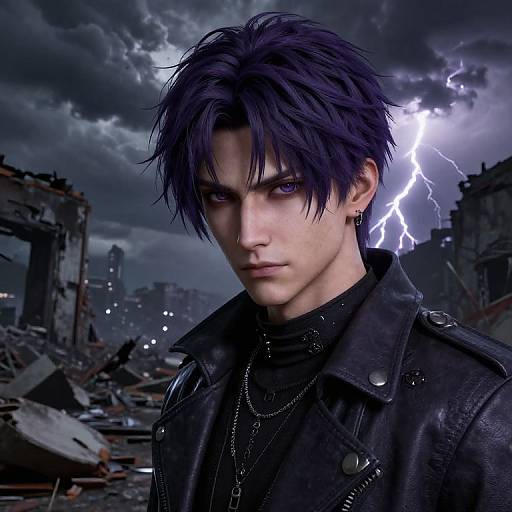 Digital artwork of a pale, serious young man with black hair, piercing blue eyes, wearing a black leather jacket in a stormy, ruined cityscape