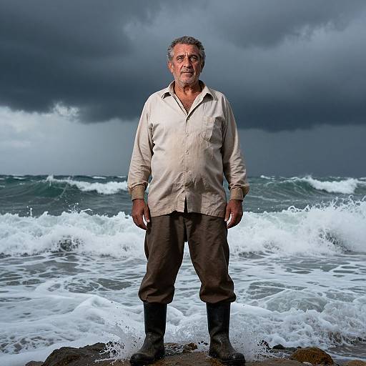 Photograph of a middle-aged man with gray hair, wearing a beige shirt, brown pants, and boots, standing in turbulent ocean waves under a dark