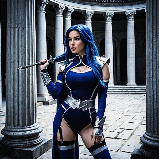 Woman in Blue Cosplay Bodysuit with Sword