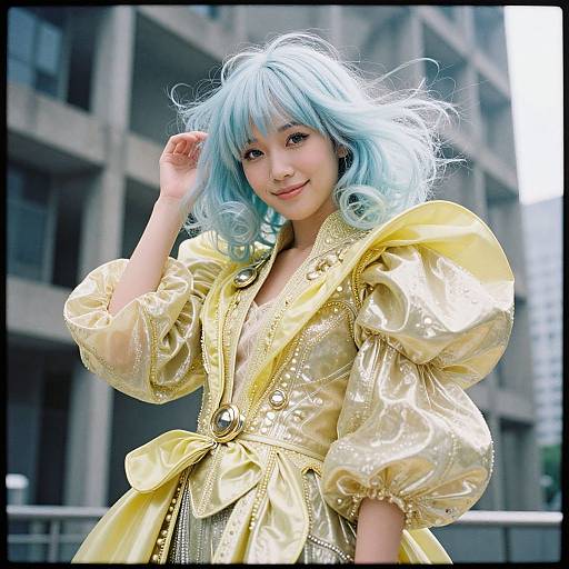 Photograph of an Asian woman with blue wig, wearing a shiny yellow, puffed-sleeve cosplay dress, standing in front of urban buildings.