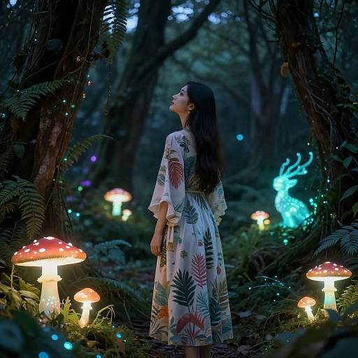 Enchanted forest scene: woman in floral dress gazes up, surrounded by glowing mushrooms and fireflies, with a blue ethereal light in background