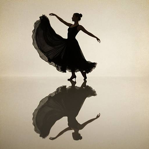 Silhouetted ballerina in flowing dress, arms gracefully raised, reflection below, against bright white background, creating dramatic, elegant contrast. Photograph