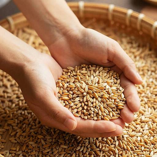 Hands Holding Grain Seeds Over Basket