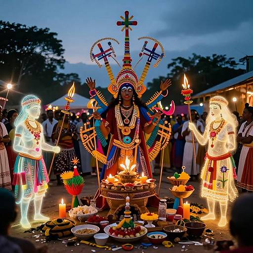 Photograph of a vibrant Hindu evening ceremony with illuminated deities, colorful offerings, and a central deity with multiple arms, surrounded by illuminated figures and a
