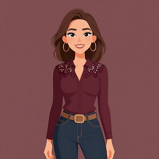Digital illustration of a smiling woman with brown hair, wearing a dark purple lace-trimmed blouse, blue jeans, and gold belt buckle.