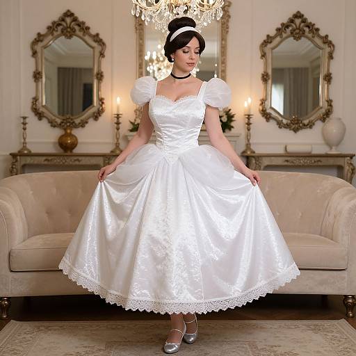 Photograph of a fair-skinned woman in a white satin vintage-style wedding dress with puffed sleeves, standing in a elegant, ornate room with