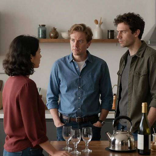 Candid Kitchen Conversation with Intense Expressions