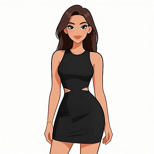 Digital anime-style drawing of a smiling woman with long brown hair, wearing a black cut-out dress and gold bracelet, standing against a white background.