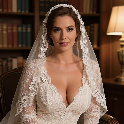 Photograph of a beautiful brunette bride with fair skin, wearing a white lace wedding dress and veil, in a dimly lit library.