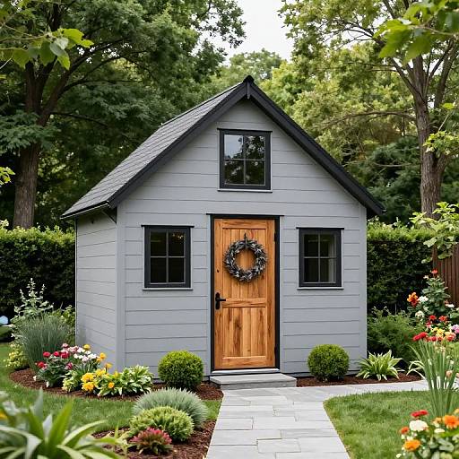 Photograph of a small, gray wooden shed with a wooden door adorned with a wreath, surrounded by a vibrant garden.