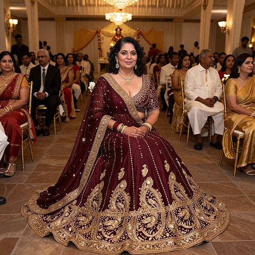 Photograph of a South Asian woman in an ornate maroon and gold traditional saree, seated in an elegant, warmly lit ballroom.