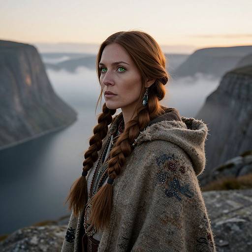 Photograph of a serious, green-eyed, red-haired woman with braided hair, wearing a textured grey cloak, standing on a cliff overlooking a mist