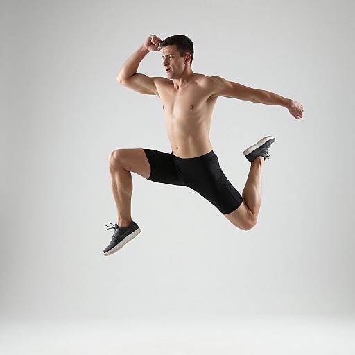 Photograph of a muscular, shirtless man with short dark hair, black shorts, and black sneakers, mid-air in a dynamic, energetic jump against