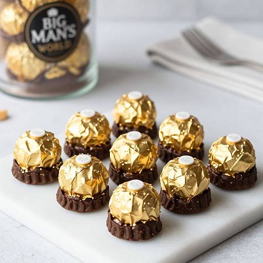 Photograph of nine chocolate truffles with shiny gold foil-covered tops, arranged on a white plate, next to a glass Big Man's chocolate jar in
