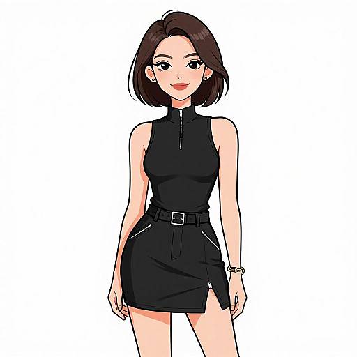 Digital anime-style drawing of a cute, fair-skinned woman with short brown hair, wearing a sleeveless black dress with a belt and zipper, smiling