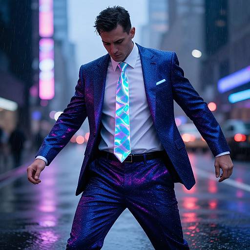 Photograph of a serious, handsome man in a shimmering blue suit, neon tie, standing on a rainy, neon-lit city street.