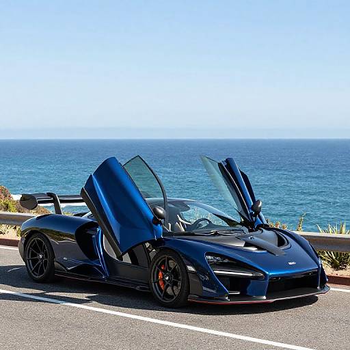 Photograph of a sleek, black, convertible sports car with its top down, parked on a coastal road with a blue ocean backdrop.